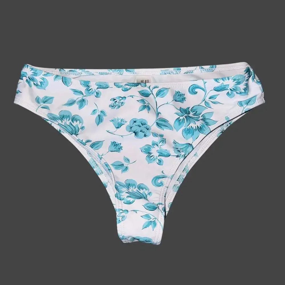 Floral Print Halter Neck Triangle Bikini Set Blue White XS
